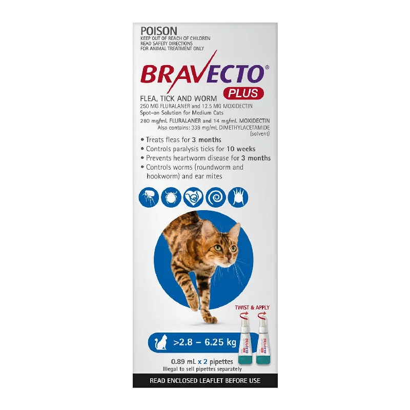 Bravecto Plus Treatment for Cats 2.8-6.25kg Blue Spot On 2 Pack