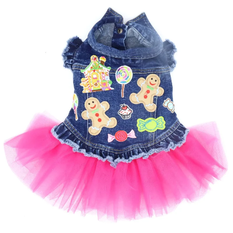 Christmas Gingerbread Denim Dog Jacket with Tutu