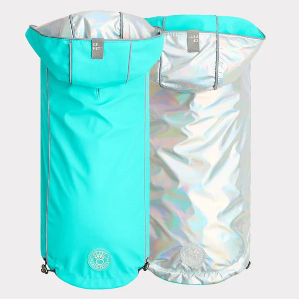 Dog Rain Coat - Reversible Aqua Blue and Iridescent