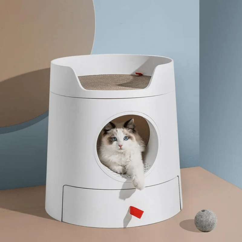 Mayitwill Cat Castle Semi Closed Litter Box with Scoop, White