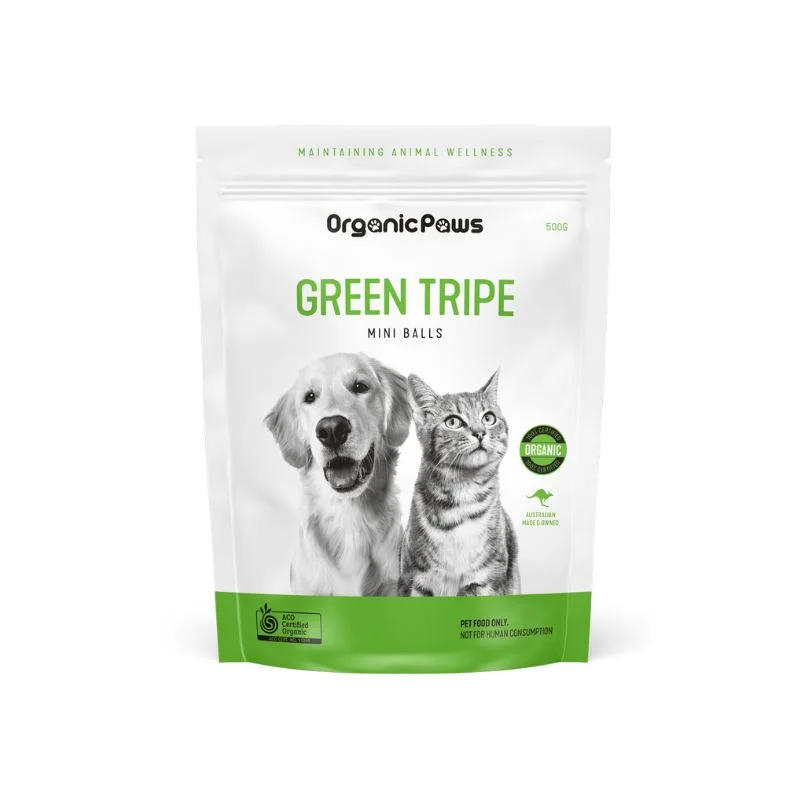 ORGANIC PAWS Green Tripe Mini Balls Raw Dogs & Cat Food 500G