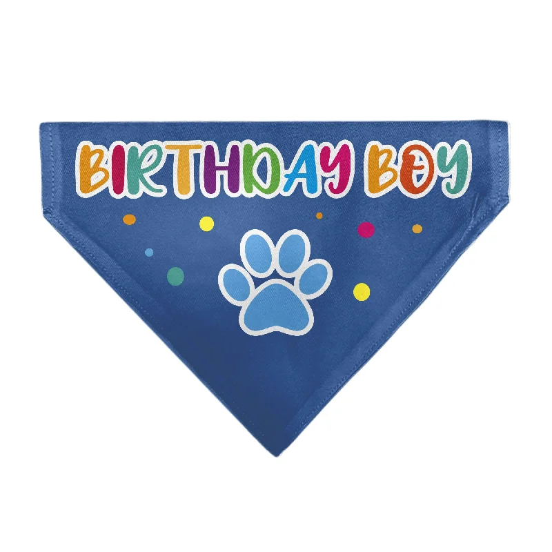 Pet Bandana - BIRTHDAY BOY Text Paw and Confetti Blue/Multi Color