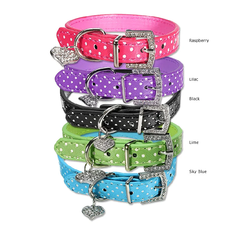 Pet Dog Leather Polkadot Collar with Crystal Heart Charm