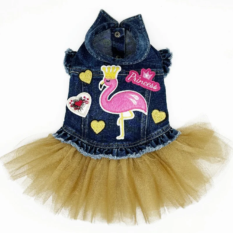 Pink Flamingo Denim Dog Jacket with Tutu